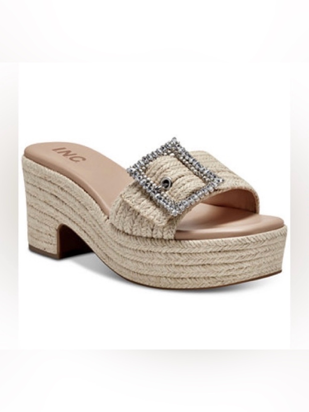 INC International Concepts Raffia Buckle Slide Sandals in Tan with Rhinestones